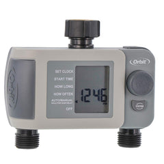 Orbit timer front display showing schedule and battery life for easy programming