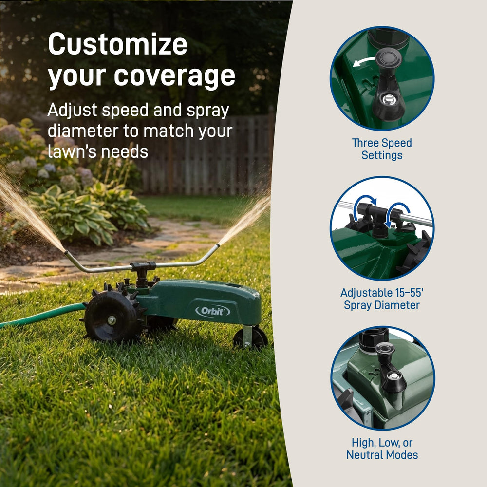 Orbit sprinkler demonstrating small and large coverage radii for flexible watering