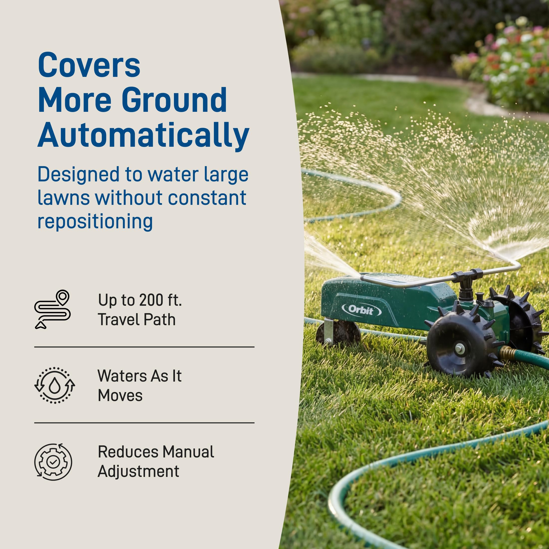 Orbit sprinkler running along garden hose demonstrating automated watering convenience