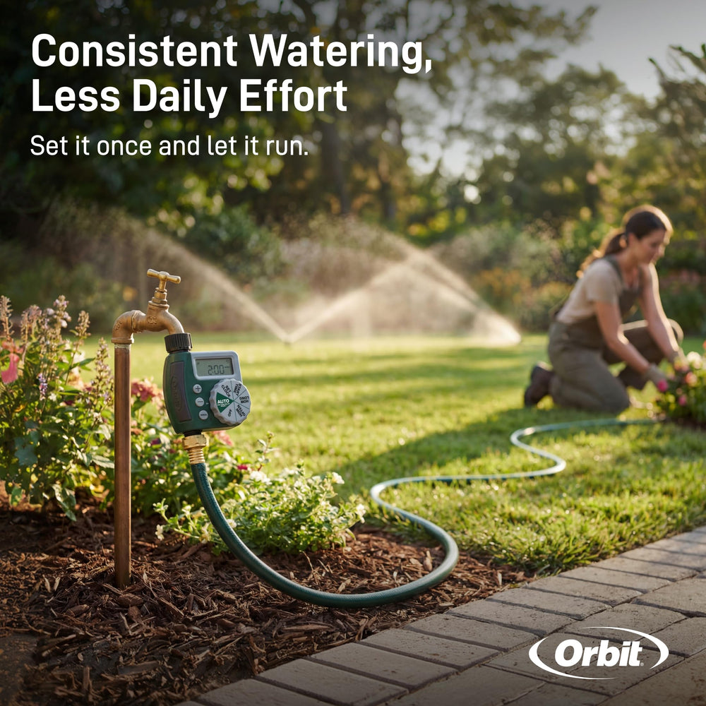 Orbit con manguera conectada funcionamiento práctico en tu jardín