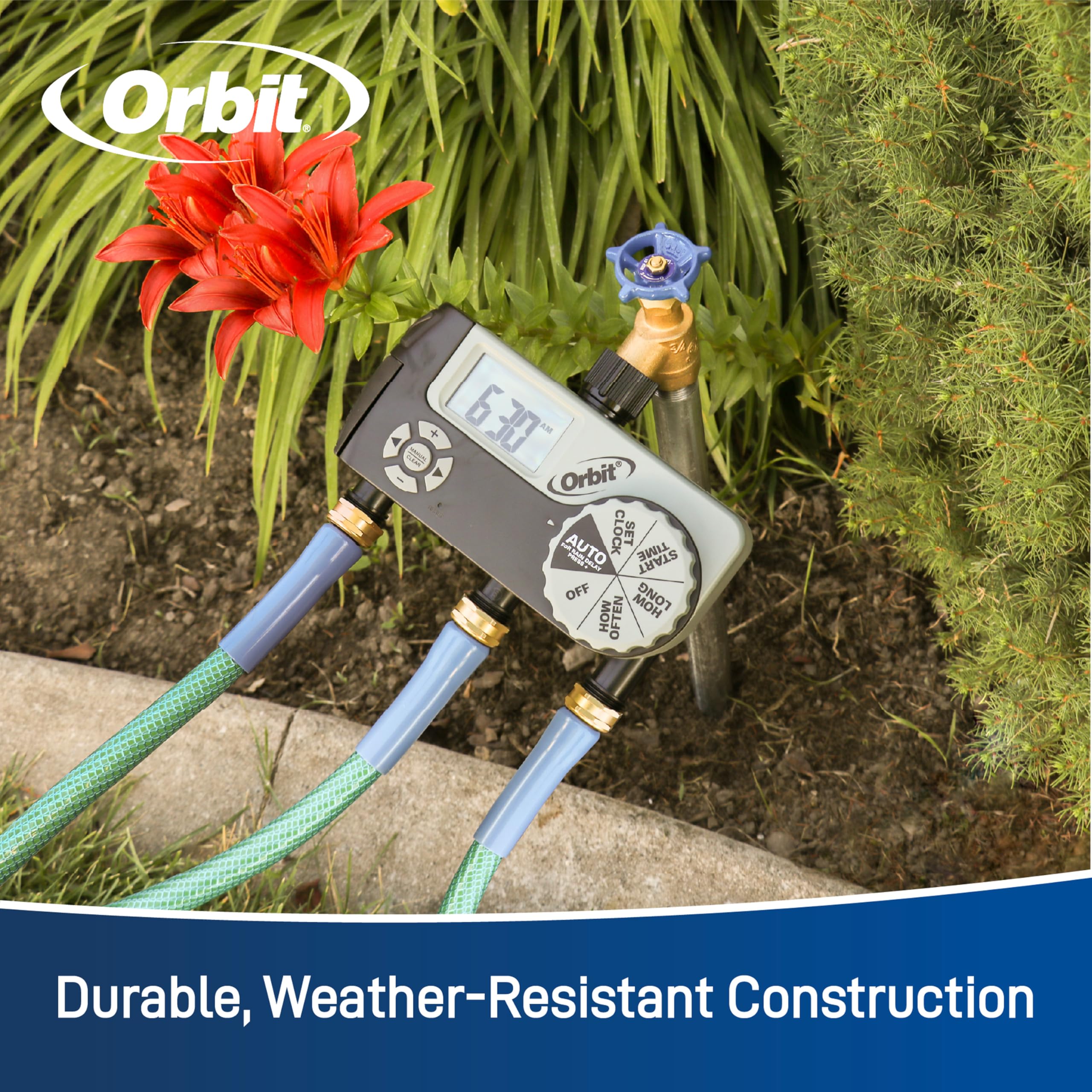Orbit en jardín mostrando riego automático que ahorra agua