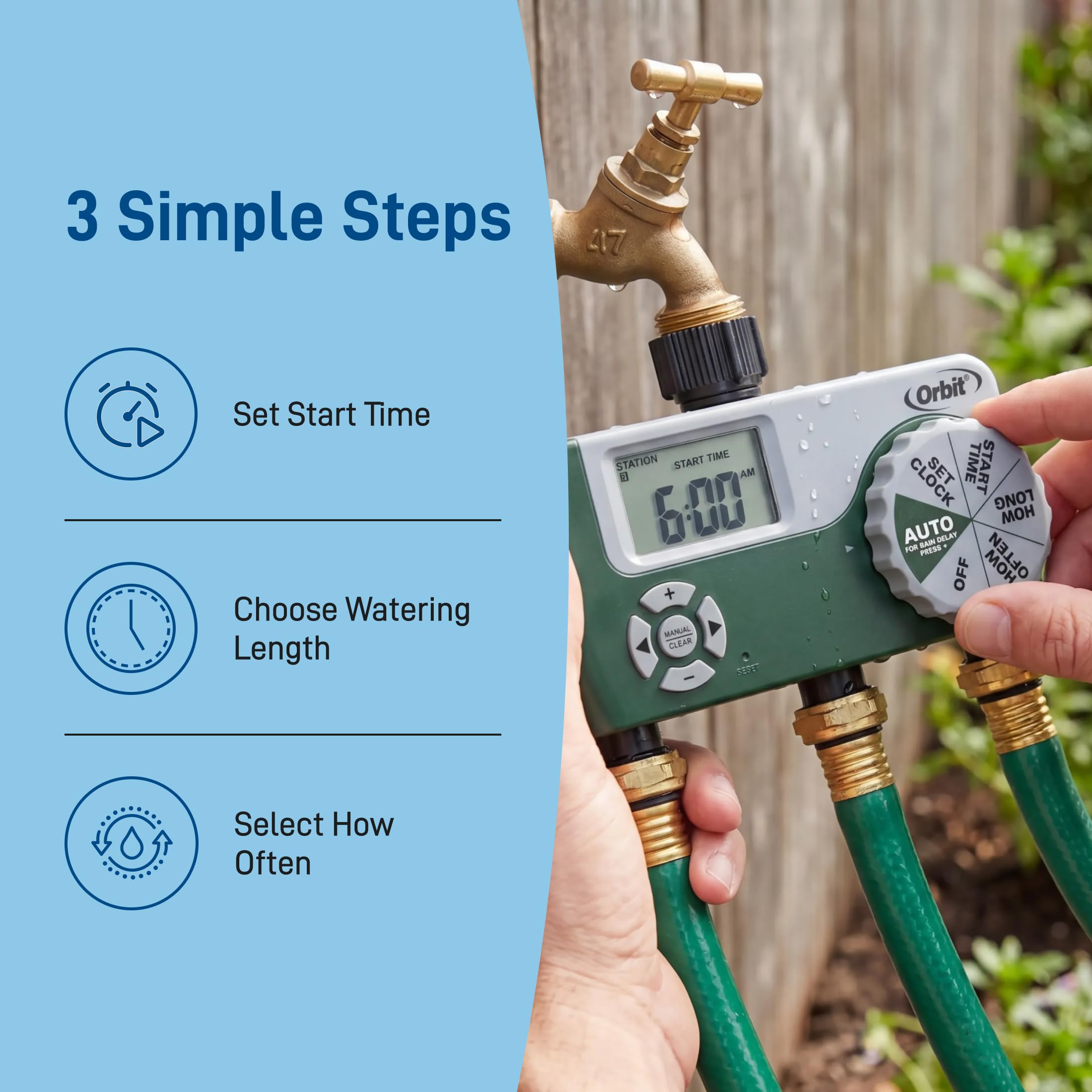 Orbit detail of valves and hose connections delivering independent watering zones