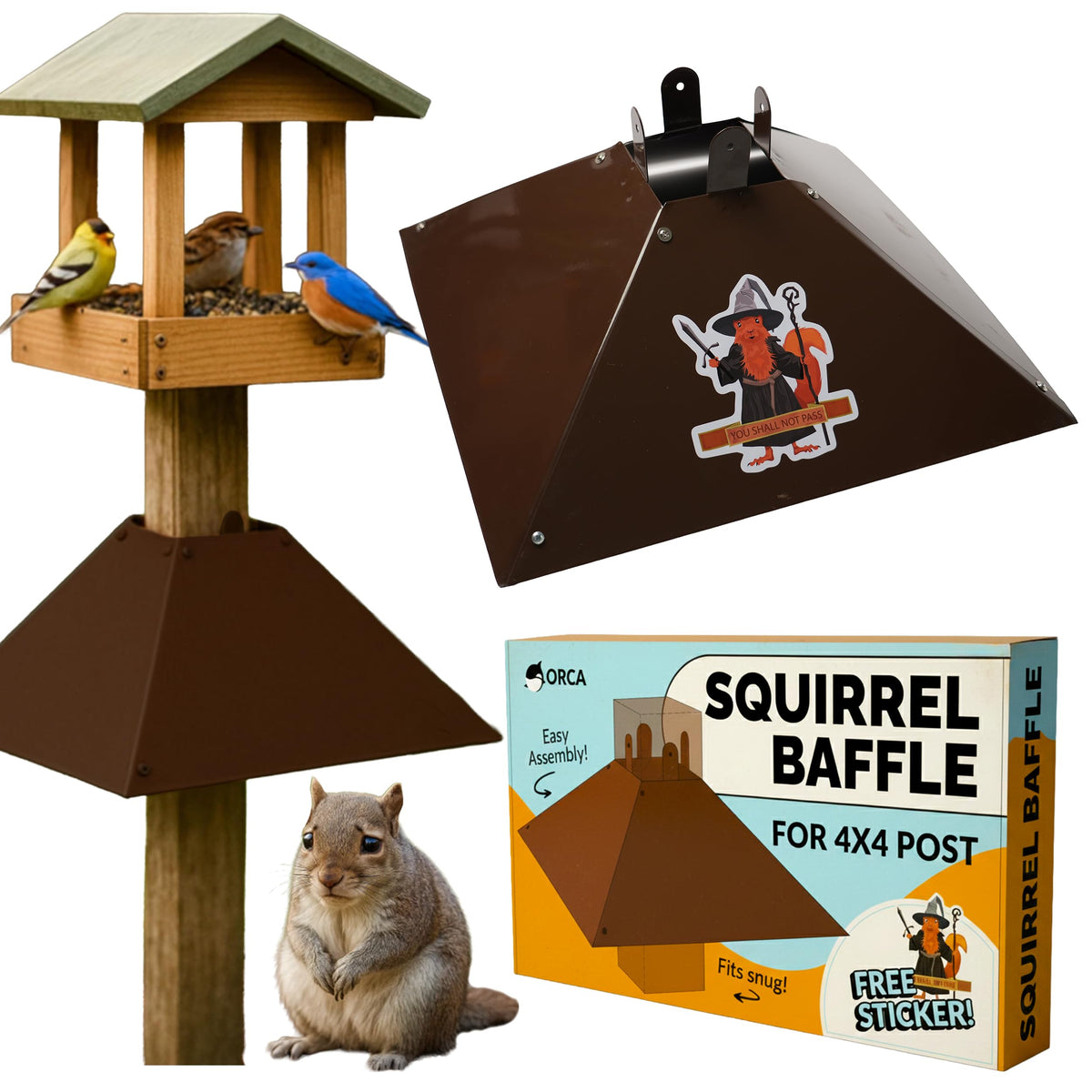 Orca front view of squirrel baffle on post showing protective coverage