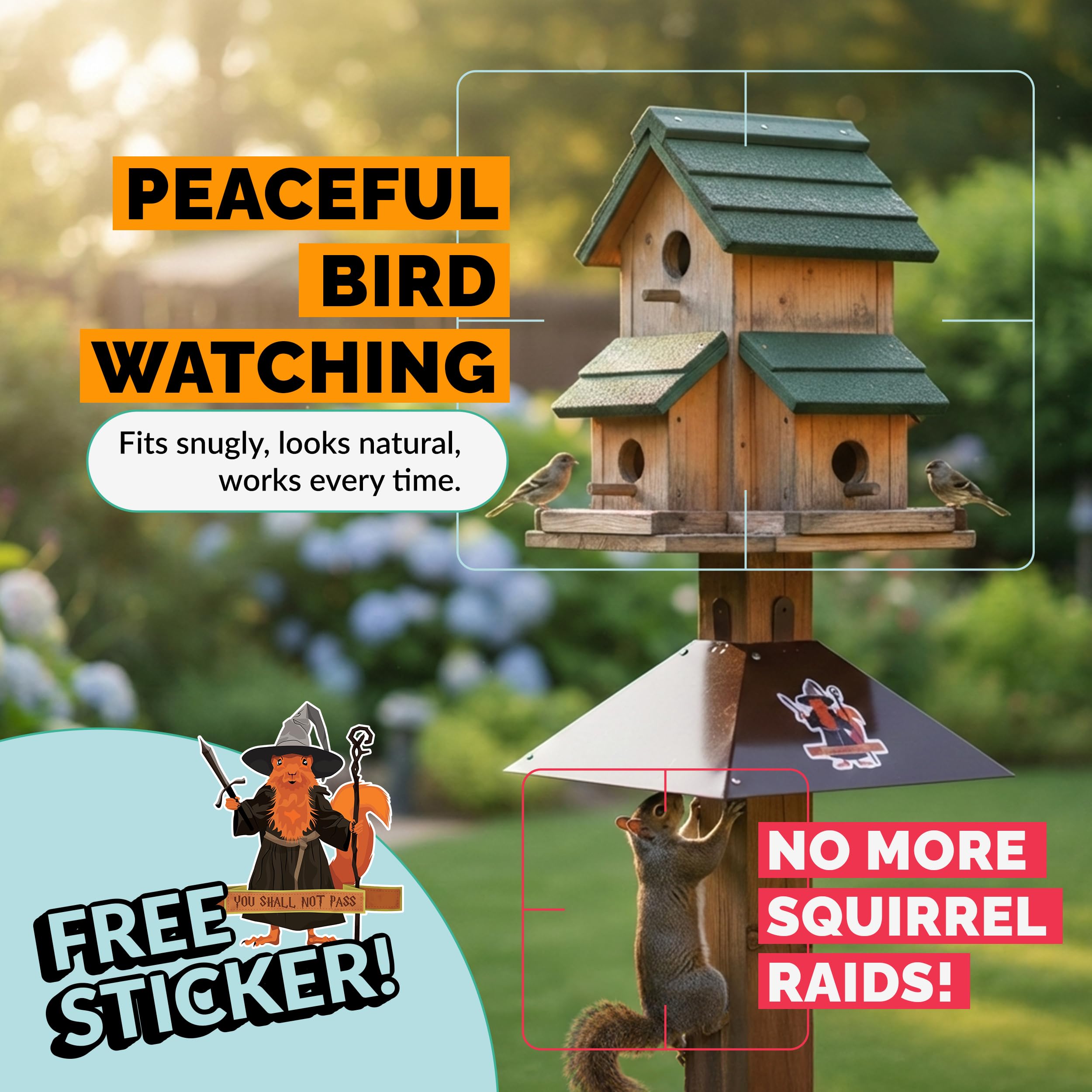 Orca backyard scene with feeder and baffle showing discreet yard-friendly look