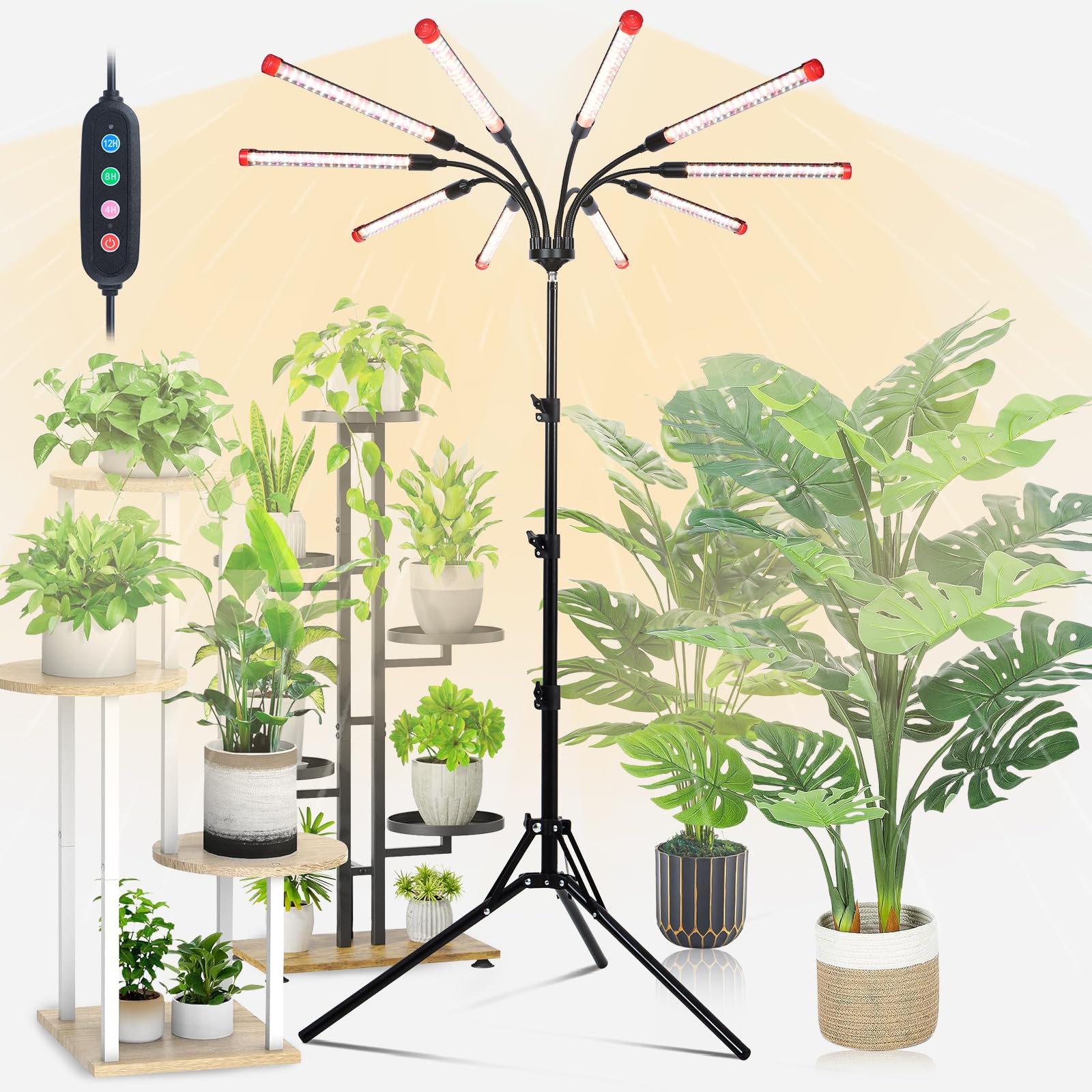 Orchbloom front view of standing grow light showing full ten-head coverage and even illumination
