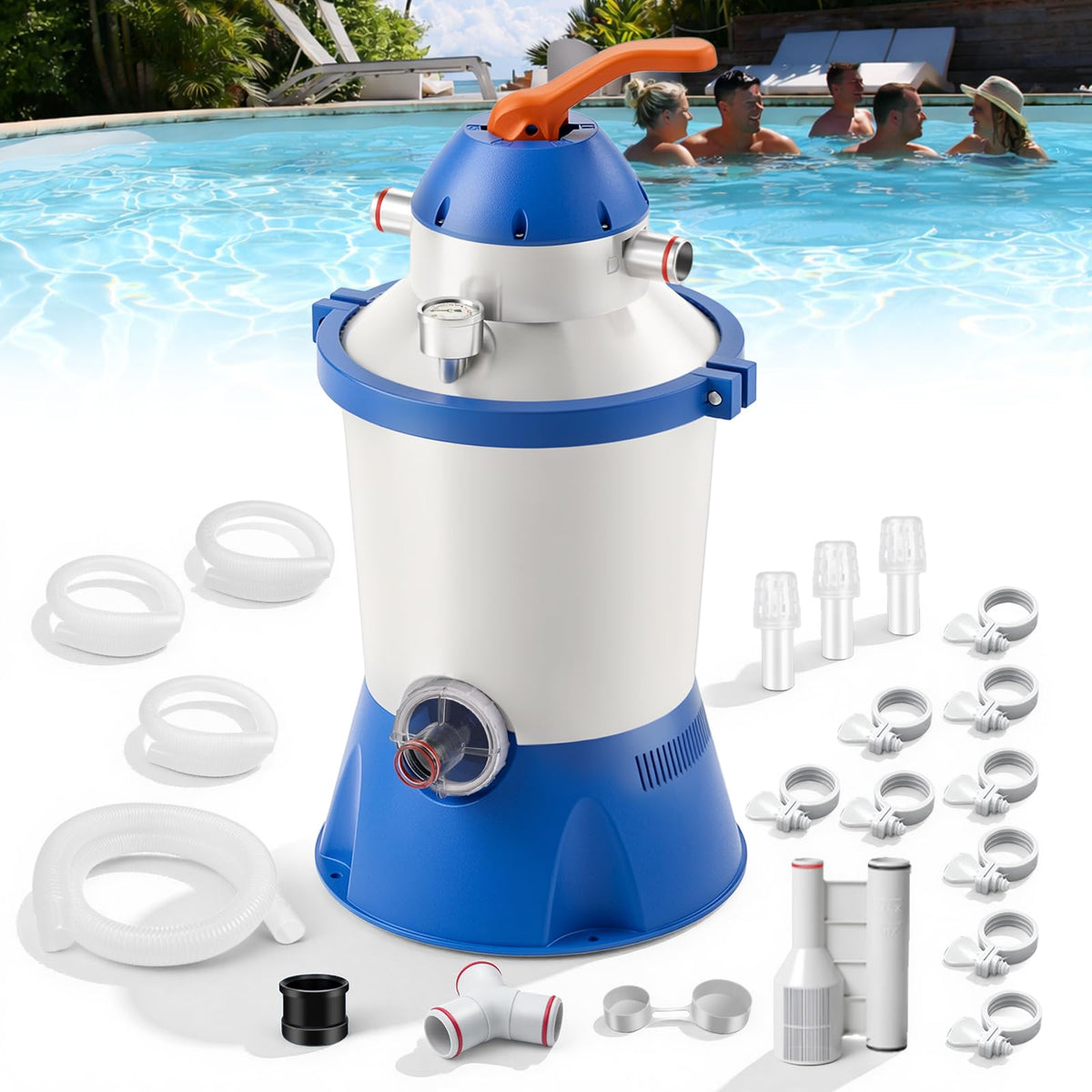 Orealla front view pump and filter showing compact design and quick cleaning benefit