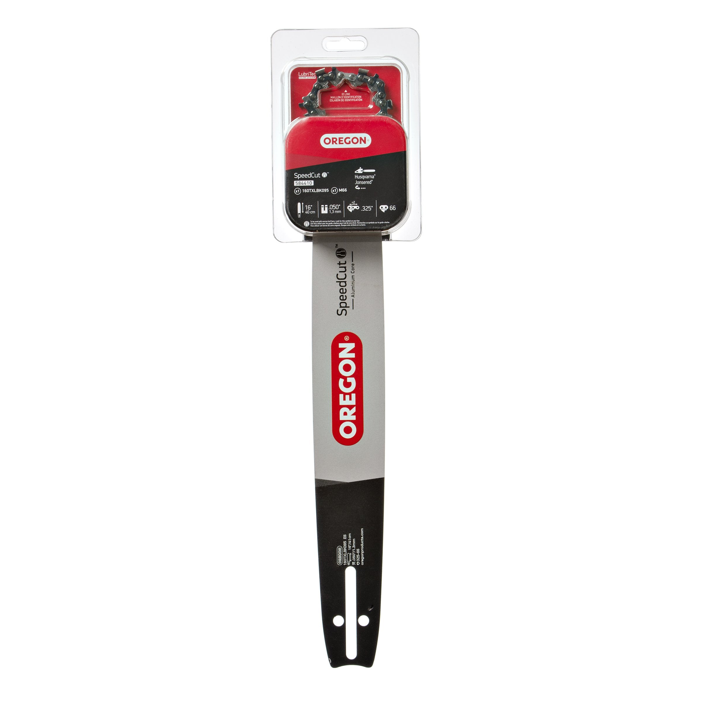 Oregon 16-inch bar and chain combo front packaging showing kit and fit details for quick replacement
