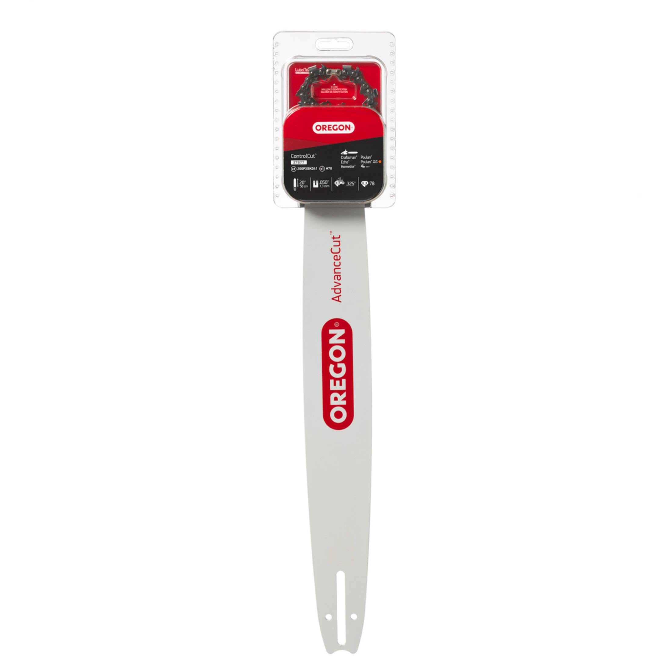 Oregon 20" bar and chain front view showing packaging and fit information, easy selection
