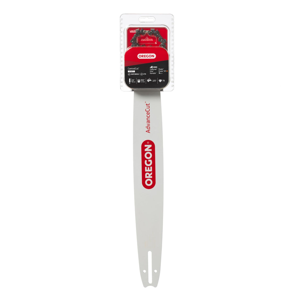 Oregon 20" bar and chain front view showing packaging and fit information, easy selection
