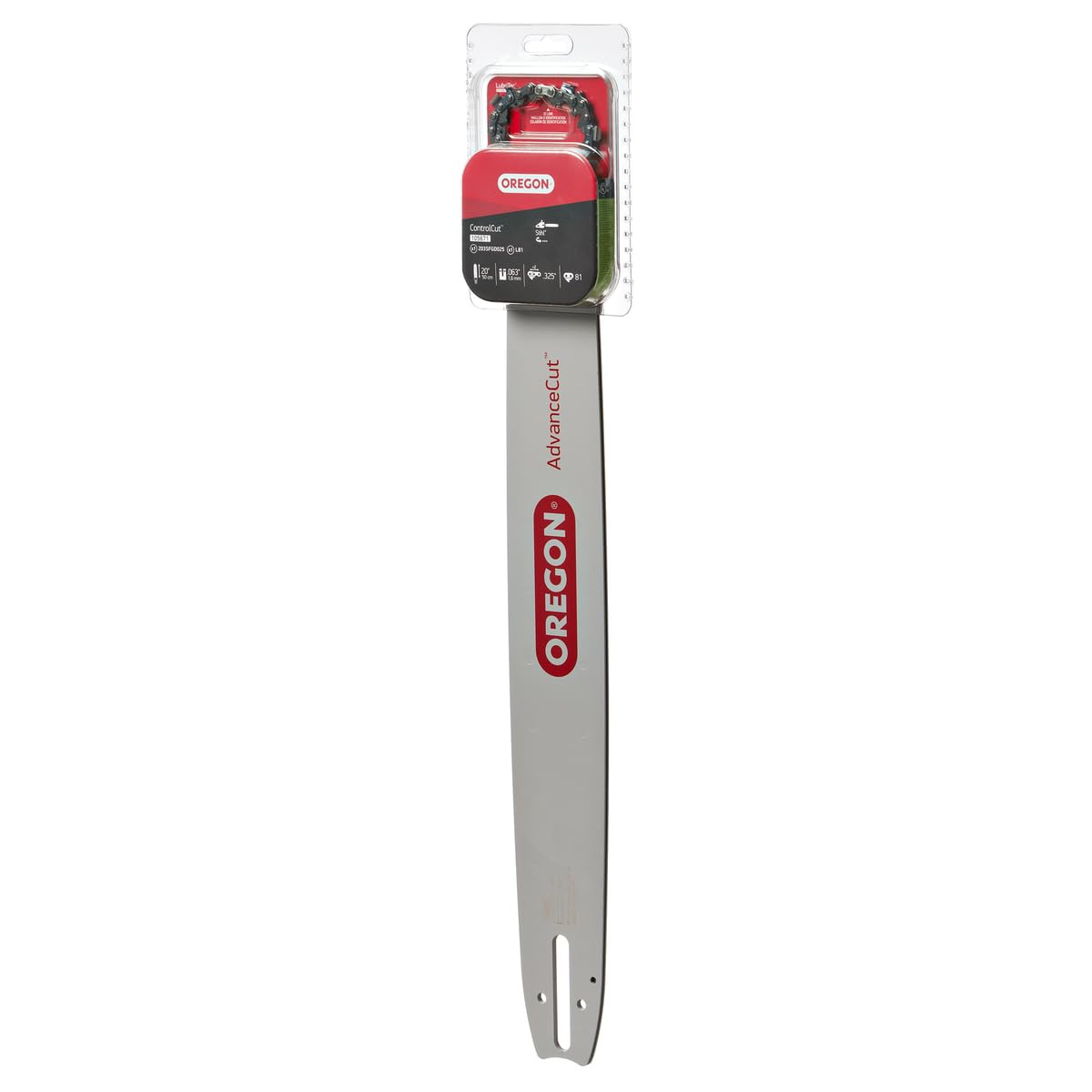 Oregon front packaging showing 20-inch bar and L81 chain, quick replacement benefit