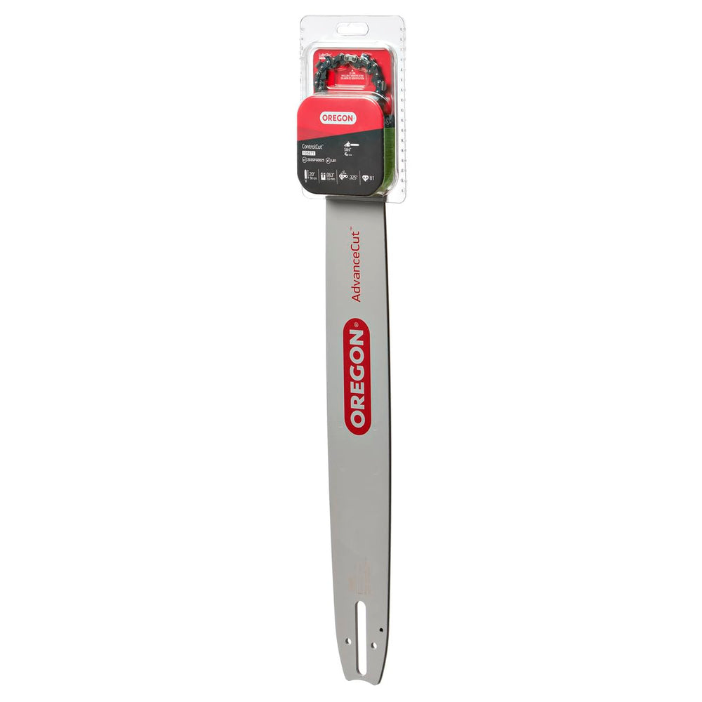Oregon front packaging showing 20-inch bar and L81 chain, quick replacement benefit