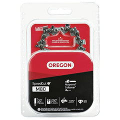 Oregon chain front packaging showing 20" chain, durable build and quick-fit benefit