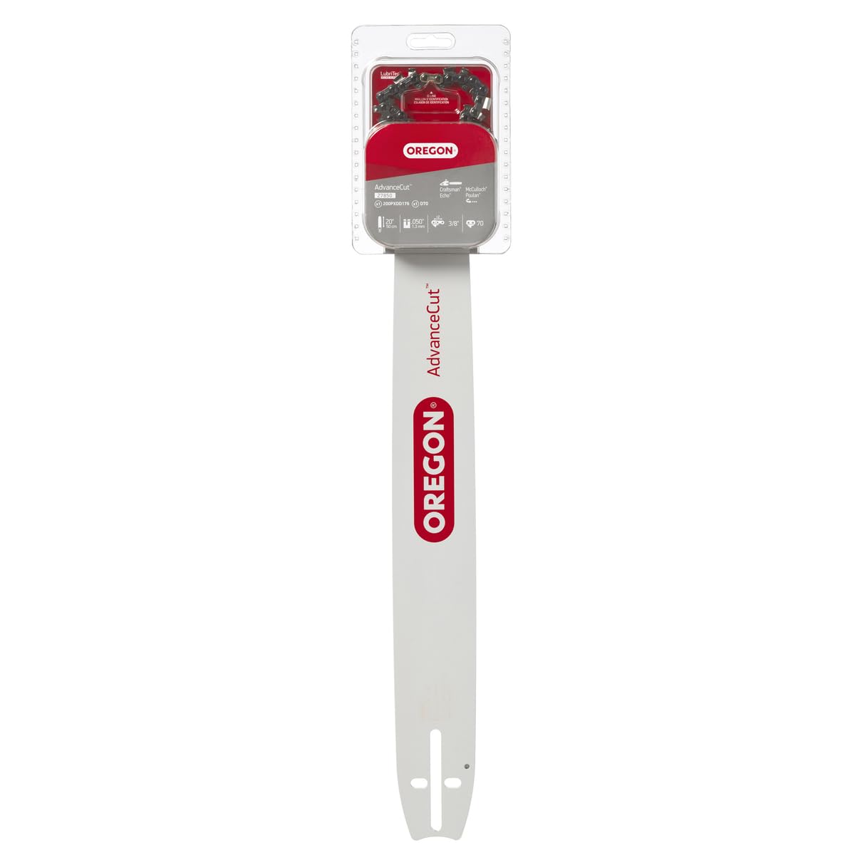 Oregon front packaging showing bar and chain combo for easy replacement