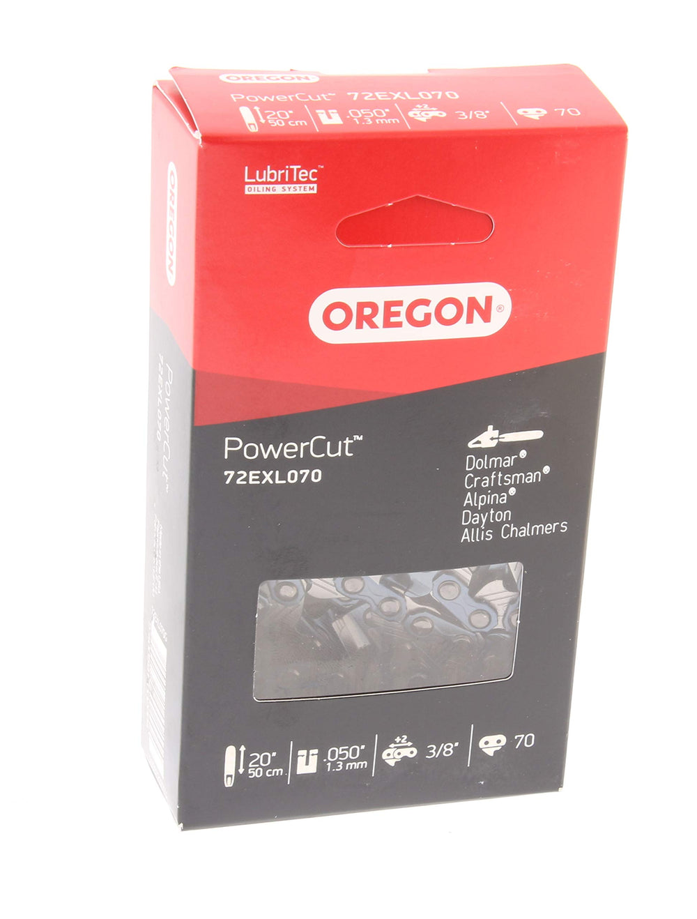 Oregon 20" PowerCut chain front view showing links and aggressive cutters for faster cuts