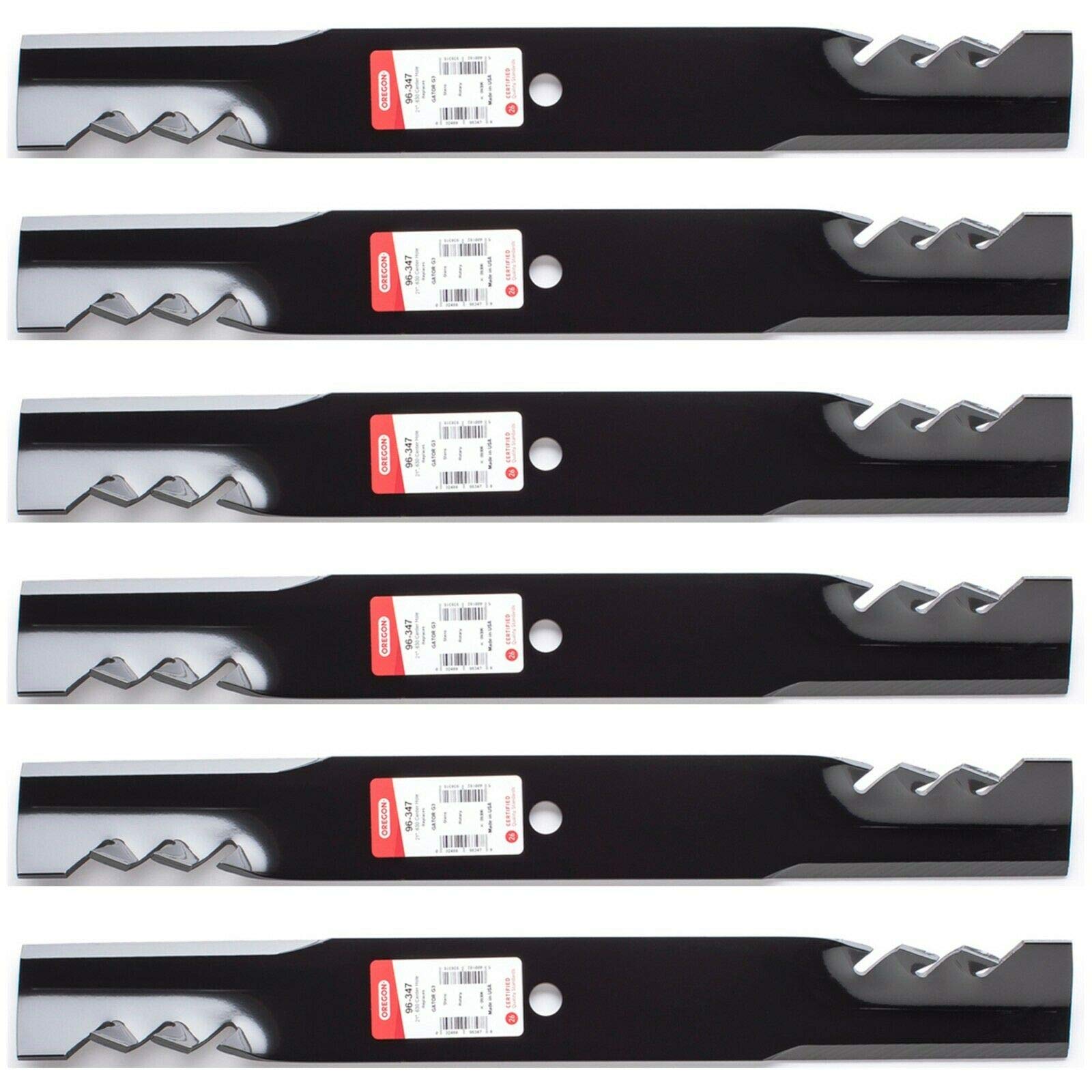 Oregon 6PK front packaging showing six mower mulching blades and clear labeling benefit: easy replacement