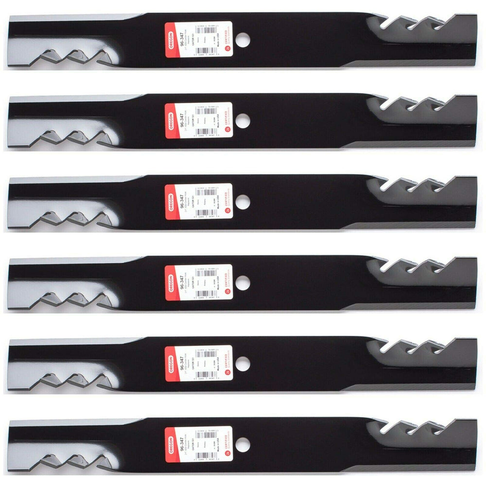 Oregon 6PK front packaging showing six mower mulching blades and clear labeling benefit: easy replacement