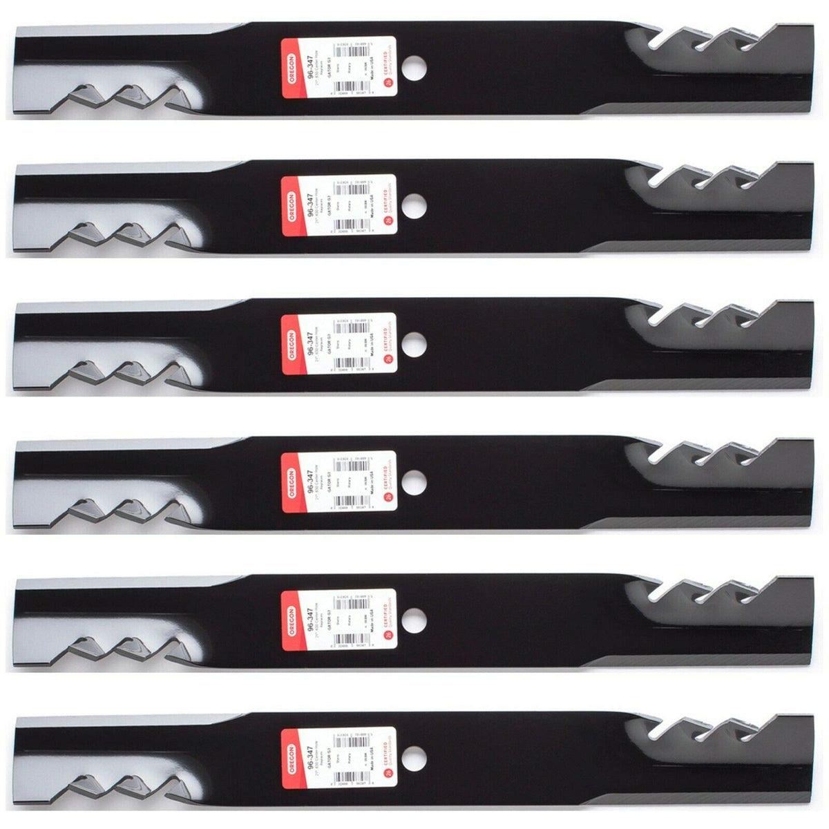 Oregon 6PK front packaging showing six mower mulching blades and clear labeling benefit: easy replacement