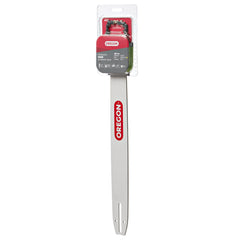 Oregon front packaging showing 18 inch bar and chain combo, clear product ID and fit benefit