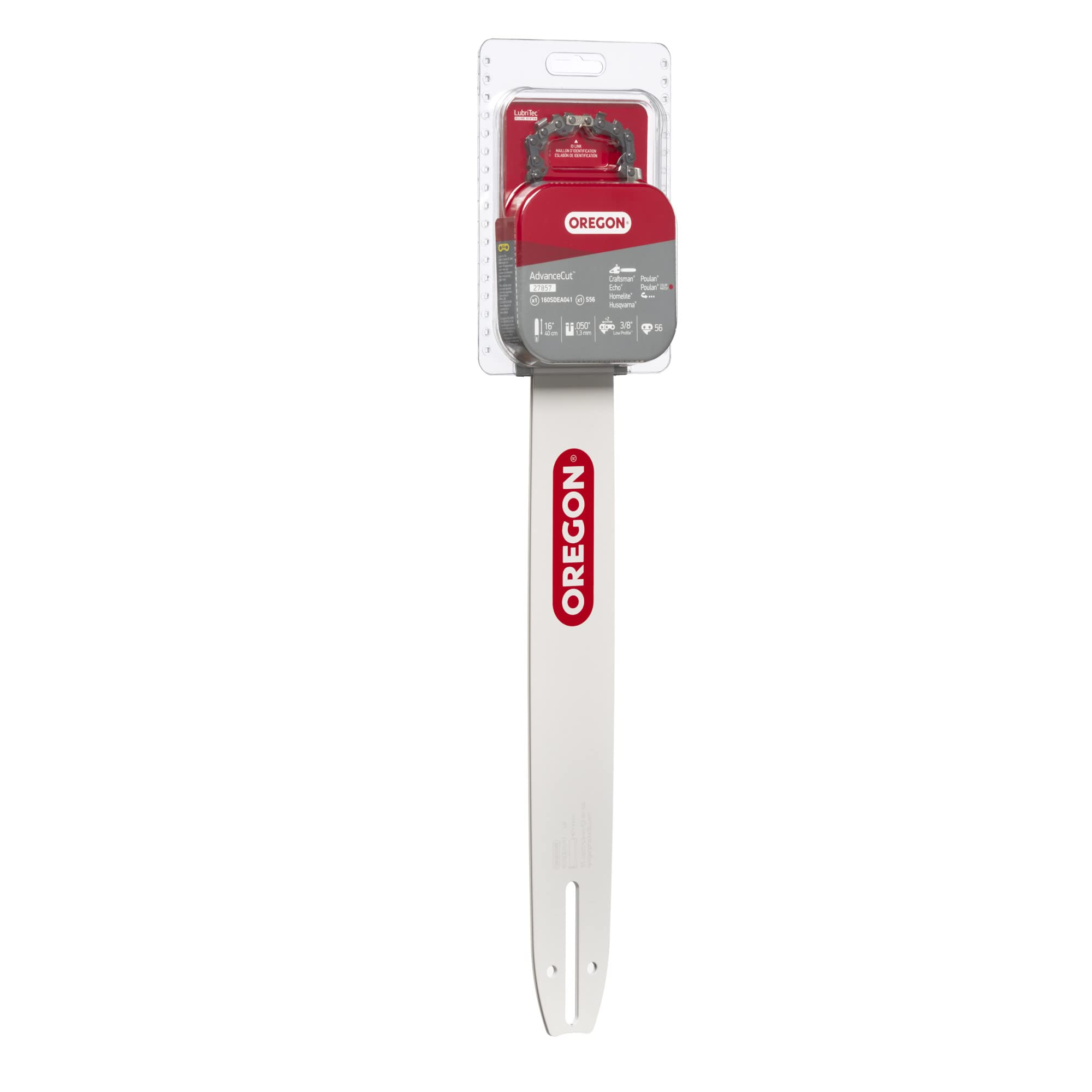 Oregon guide bar beside a ruler showing 16-inch scale for correct size confirmation benefit