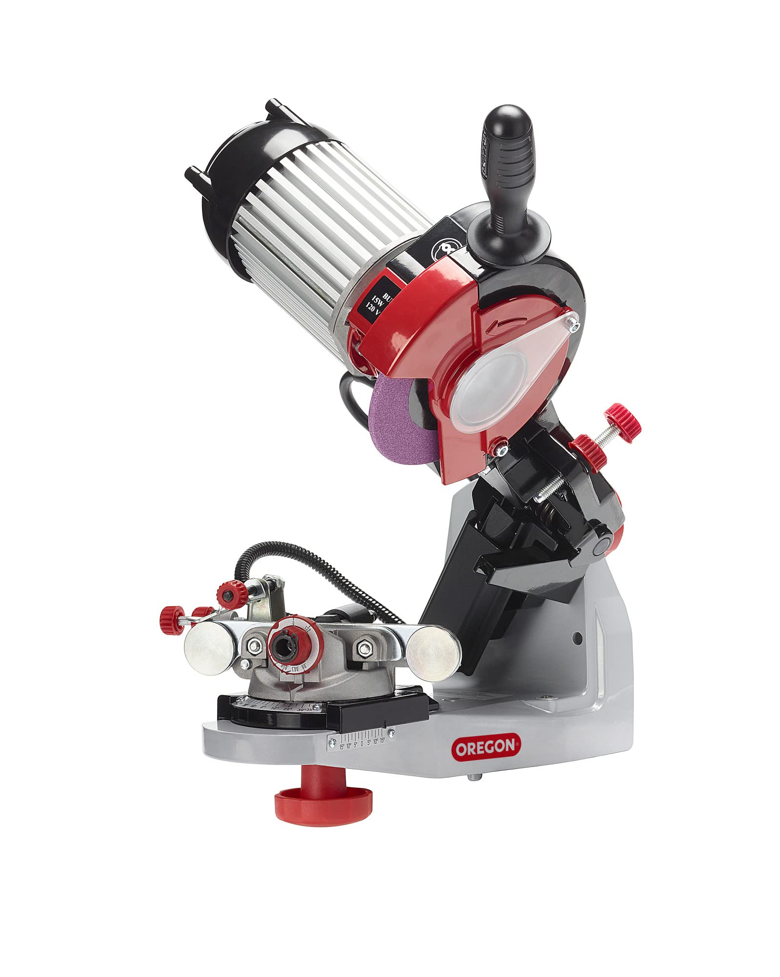 Oregon bench grinder front profile showing sturdy build and controls for reliable sharpening