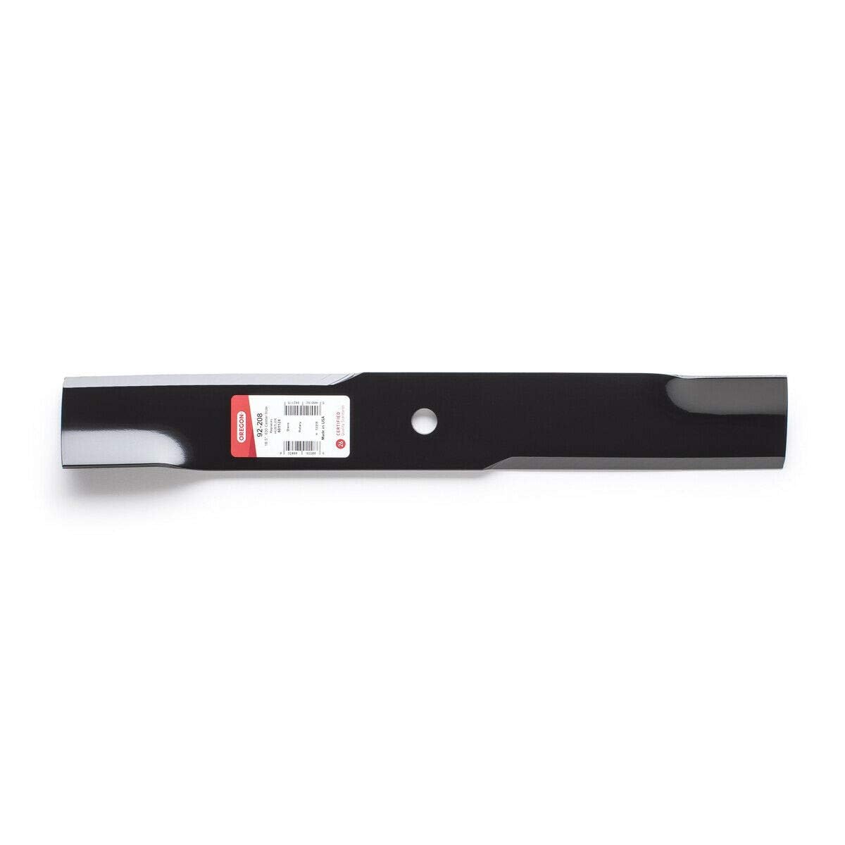 Oregon blade close-up showing sharpened edge and 5/8 inch center hole for accurate fit and clean cuts