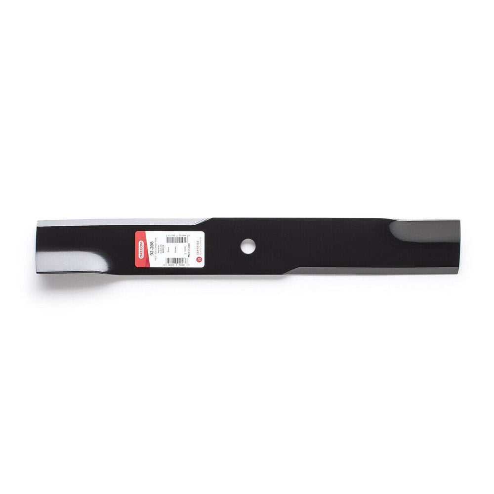 Oregon blade close-up showing sharpened edge and 5/8 inch center hole for accurate fit and clean cuts