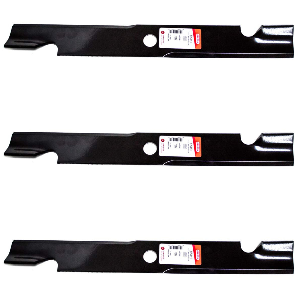 Oregon three-pack blades front packaging showing fit for Exmark 60" decks and quick install benefit