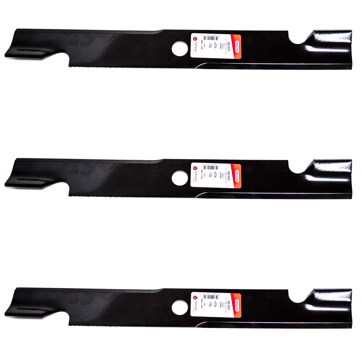 Oregon three-pack blades front packaging showing fit for Exmark 60" decks and quick install benefit
