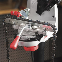 Oregon chain clamp detail showing secure hold and safer, accurate sharpening