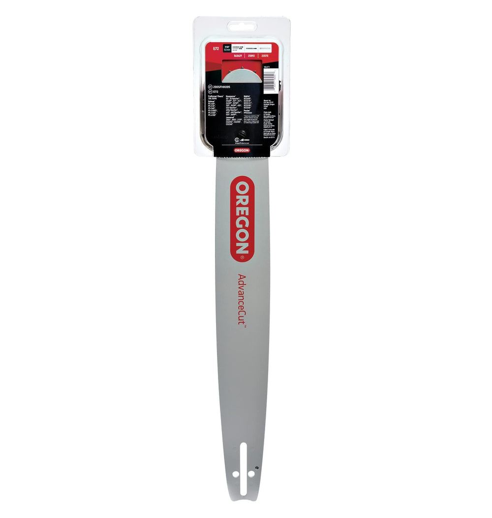 Oregon chain drive link stamp close-up to verify 72 drive links and correct pitch/gauge