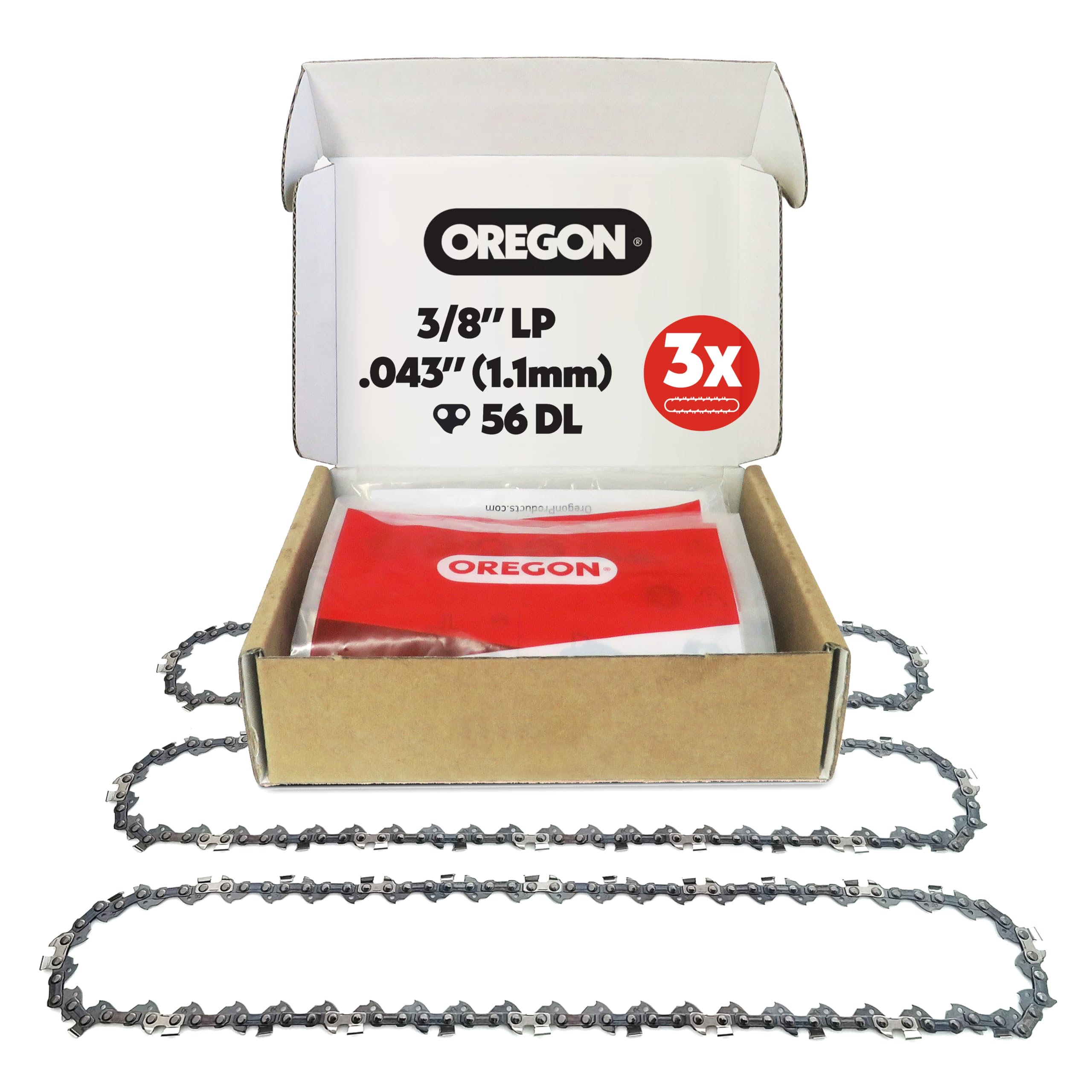 Oregon front view of packaged 16" replacement chain showing product and fit benefits