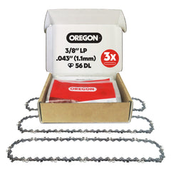 Oregon front view of packaged 16" replacement chain showing product and fit benefits