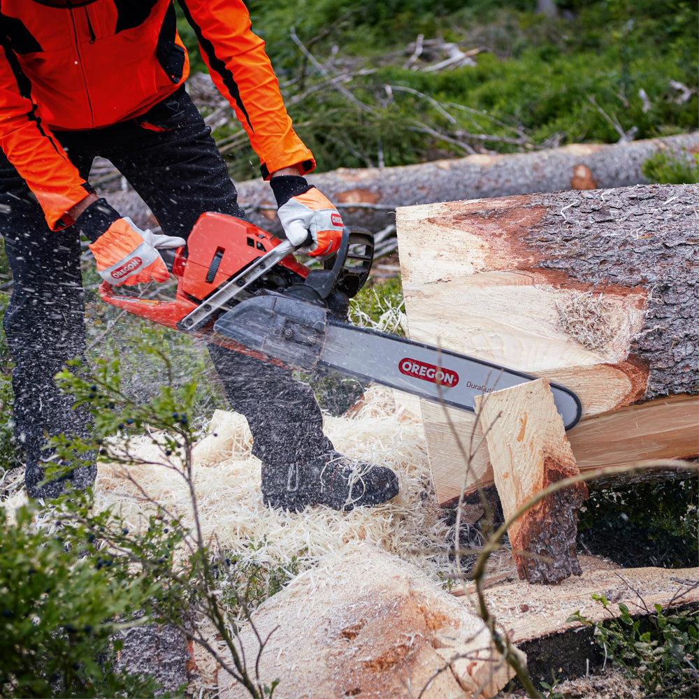 Oregon chain cutting firewood showing reliable performance and consistent cutting