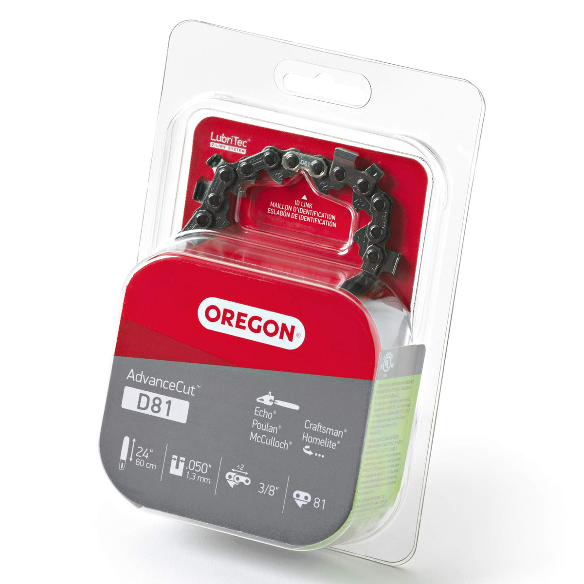 Oregon chainsaw chain front packaging showing model and 24-inch fit benefit