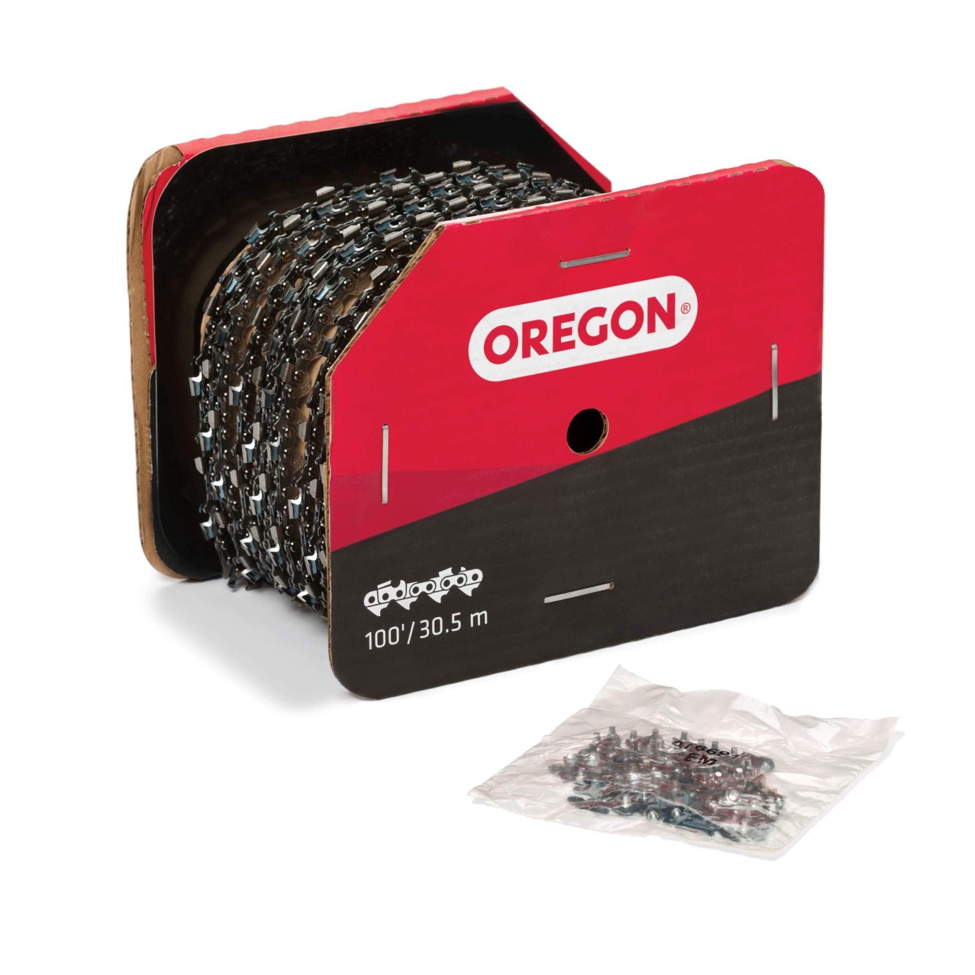Oregon chainsaw chain reel front packaging showing 100-foot PowerCut benefits