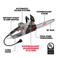 Oregon CS1500 close-up of PowerSharp lever demonstrating quick sharpening benefit