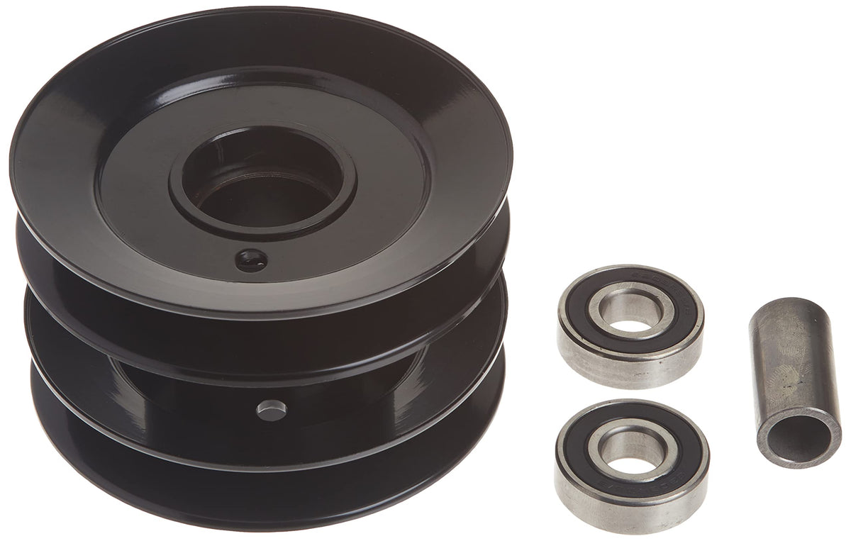 Oregon double pulley front view showing dual grooves and silver finish benefit: accurate belt tracking