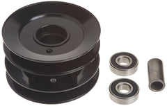 Oregon double pulley front view showing dual grooves and silver finish benefit: accurate belt tracking