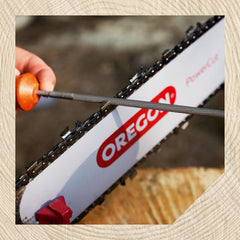 Oregon round file sharpening a Stihl chain demonstrating safer, consistent cutter maintenance