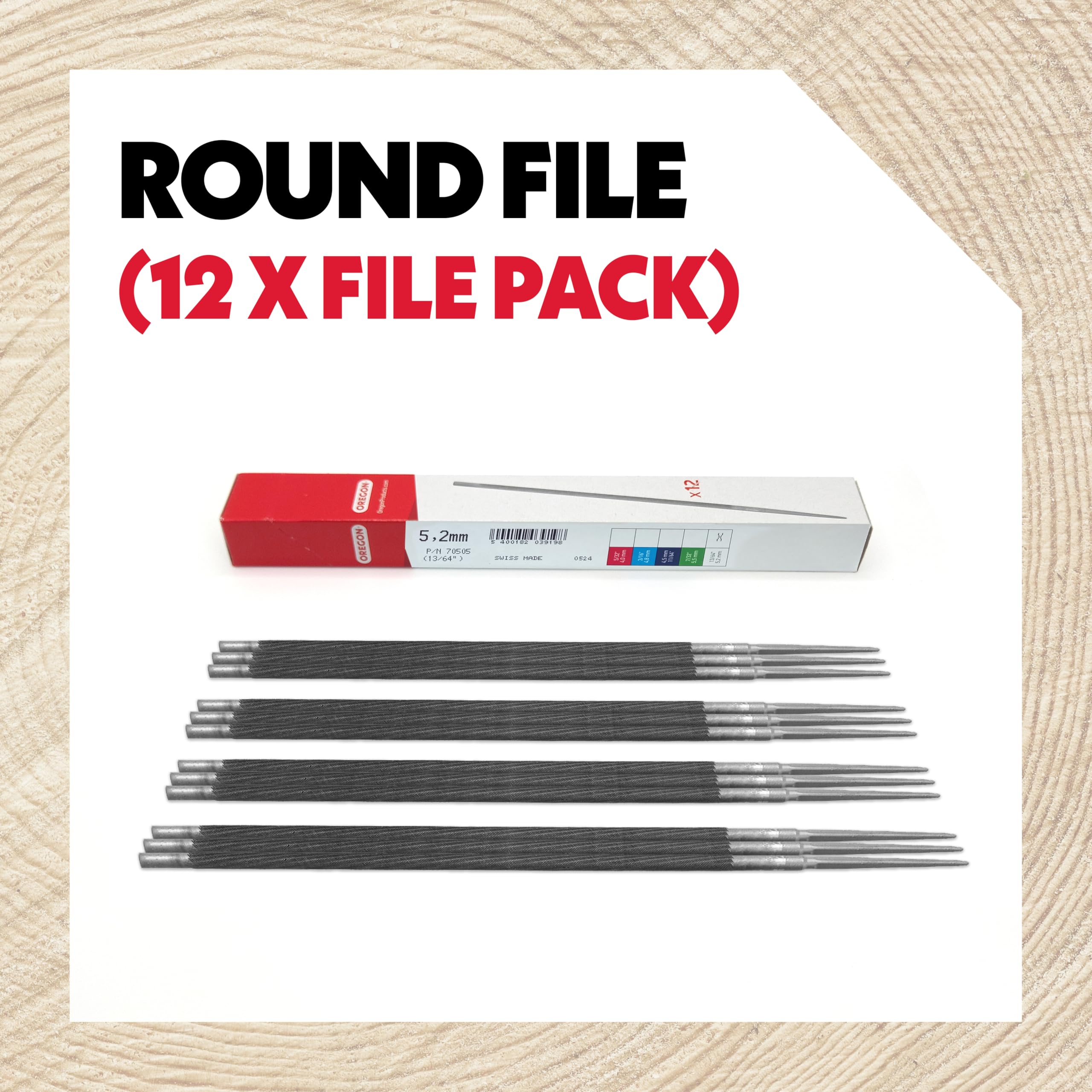 Oregon file next to ruler showing 5.2mm (13/64") diameter for accurate size confirmation