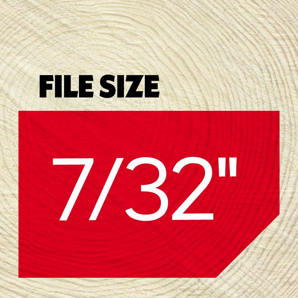 Oregon file beside ruler for scale, confirms 7/32-inch (5.5 mm) sizing accuracy