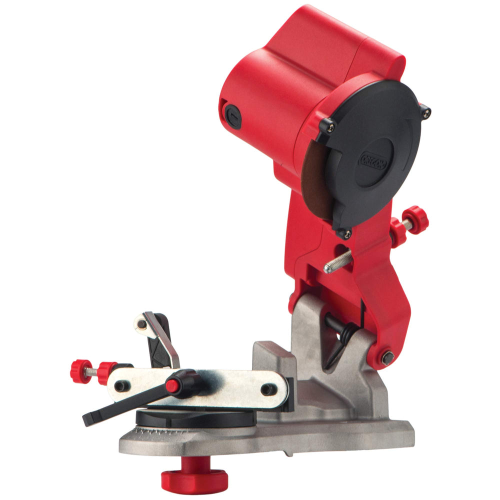 Oregon bench grinder front profile showing compact design and stable mount for efficient sharpening