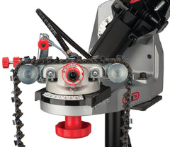 Oregon grinder in workshop setting mounted on bench to speed professional chain maintenance