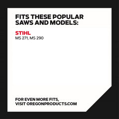 Oregon guide bar side profile showing 20-inch length, improved durability benefit