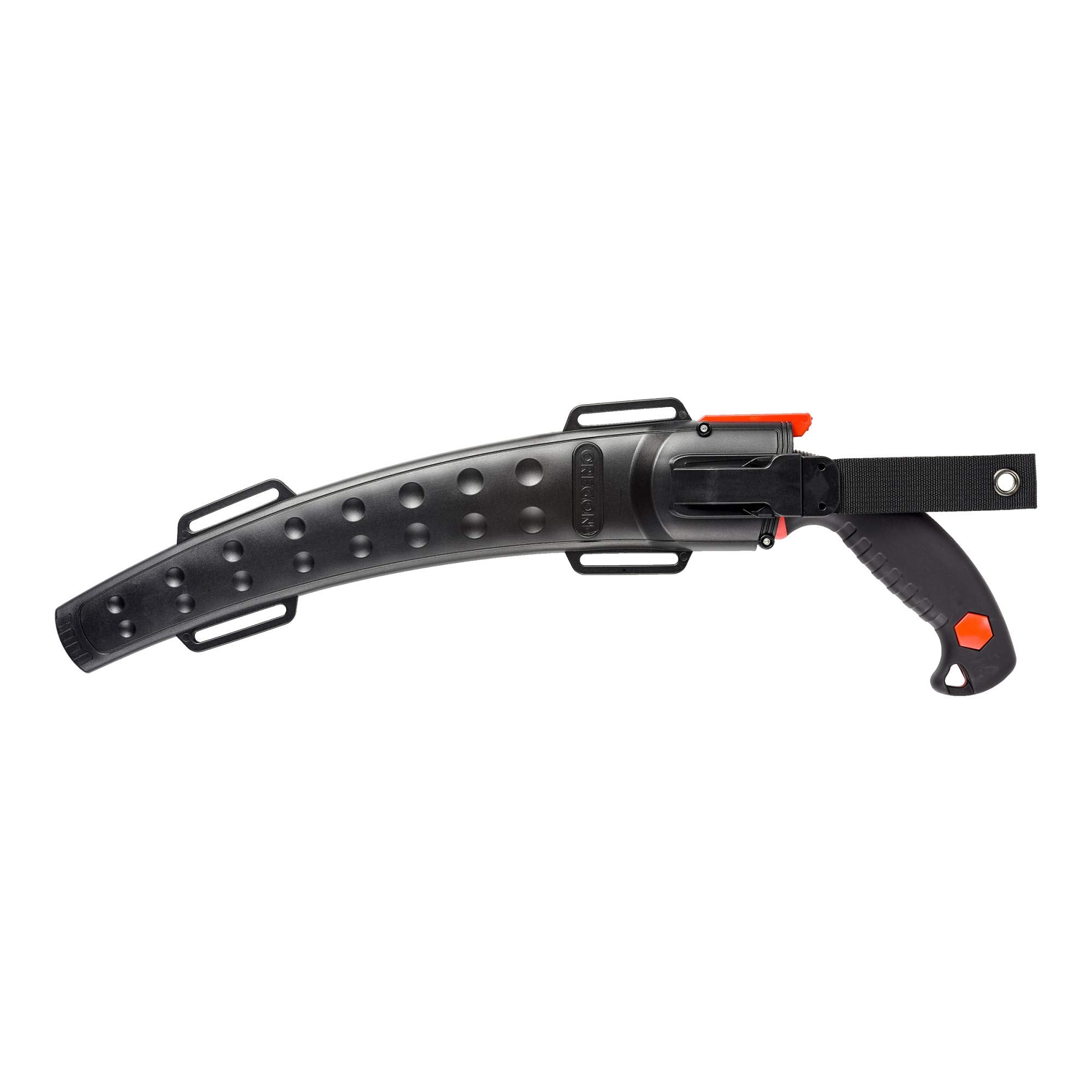 Oregon handle and scabbard detail showing ergonomic grip and belt/leg attachment