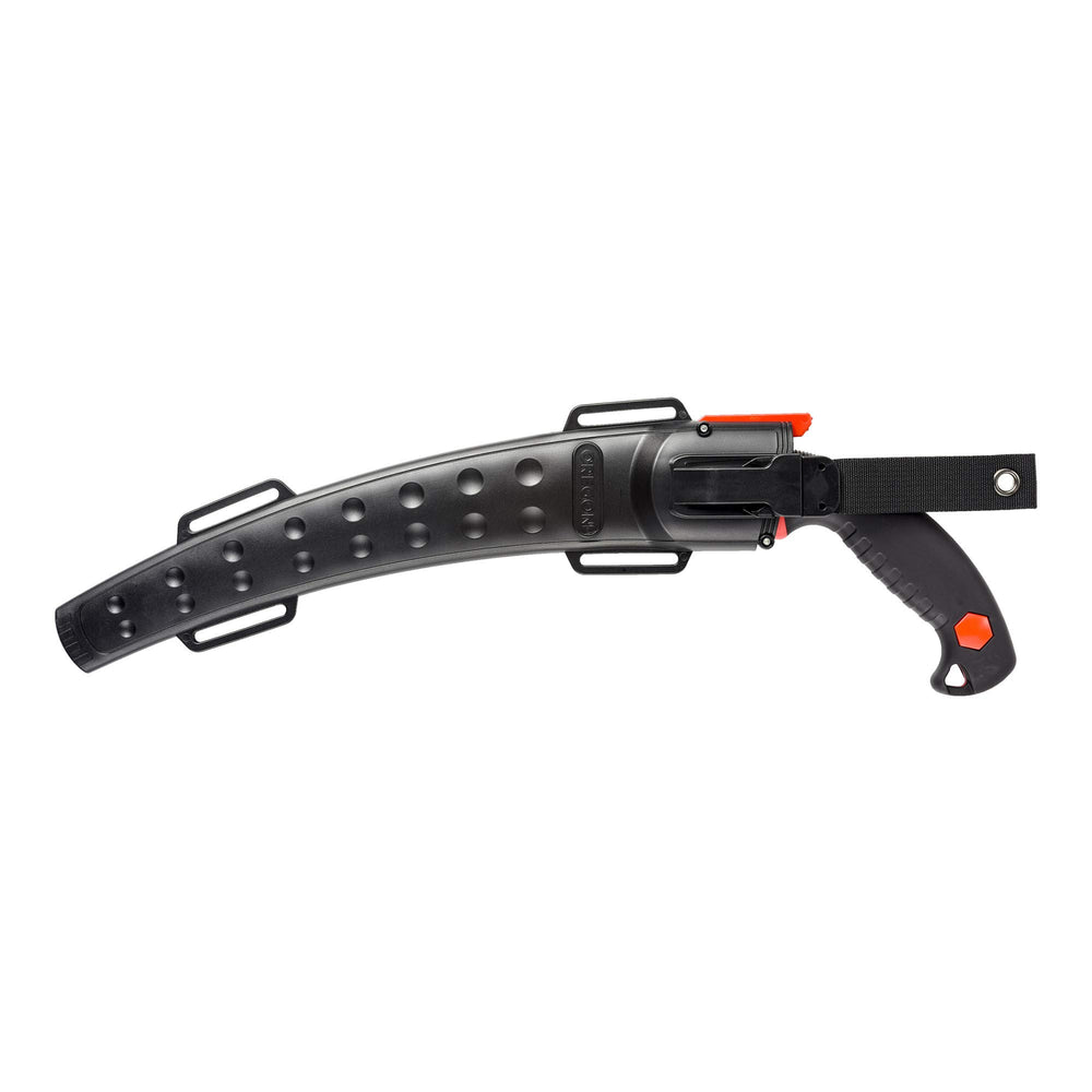 Oregon handle and scabbard detail showing ergonomic grip and belt/leg attachment