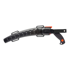 Oregon handle and scabbard detail showing ergonomic grip and belt/leg attachment