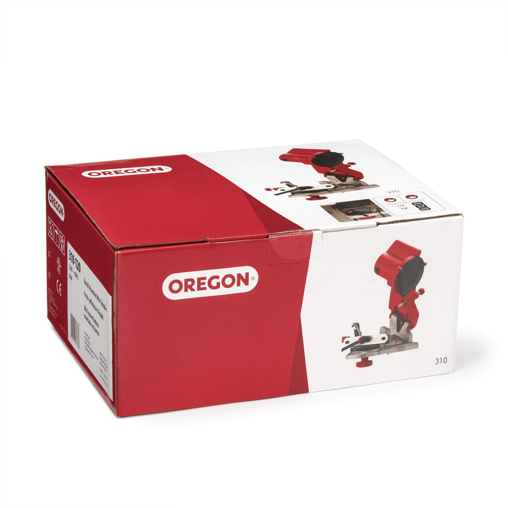 Oregon grinder in use sharpening a chainsaw chain demonstrating fast, shop-quality results