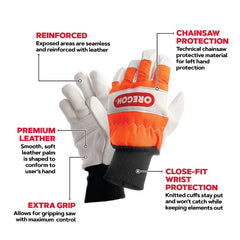 Oregon left glove protective insert detail highlighting cut-resistance benefit