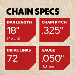 Oregon M72 SpeedCut chain installed on saw cutting wood showing smooth performance